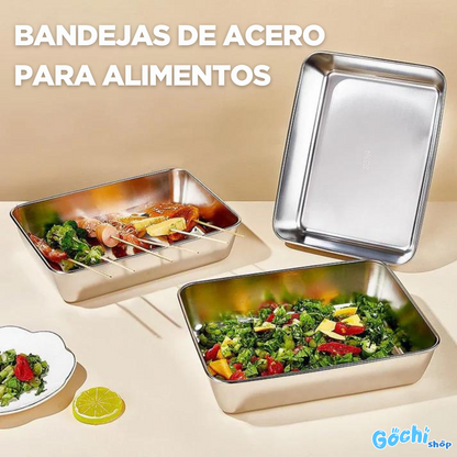 Juego x3 Bandejas de Acero para Alimentos.- Conserva el sabor y los nutrientes de tu comida ⭐